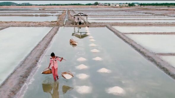 Low altitude drone tracking shot of salt worker at Cambodia salt fields from the documentary, 'Of Tears and the Sea' by Jason Rosette